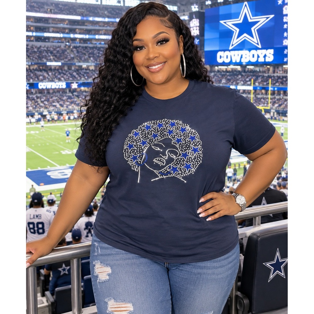 Dallas Cowboys Rhinestone Afro Star Graphic Navy T-Shirt Women L